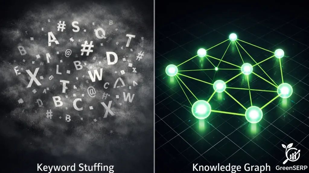 Comparison of chaotic keyword stuffing versus structured knowledge graph for AI understanding.