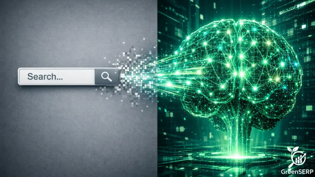 Evolution from traditional SEO search bar to Generative Engine Optimization (GEO) neural network.