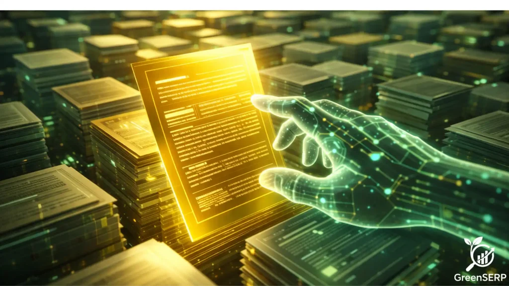 Generative AI selecting and citing a high-authority content source from a digital library.