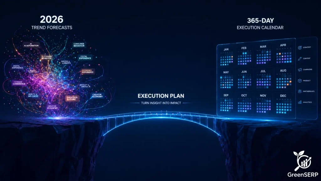 A digital bridge connecting a cloud of '2026 Trend Forecasts' to an organized 'Execution Calendar,' symbolizing a clear marketing plan.