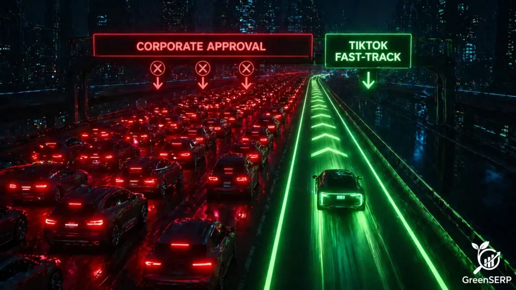 A digital highway illustrating a slow 'Corporate Approval' lane versus a fast 'TikTok Fast-Track' lane for rapid content publishing.