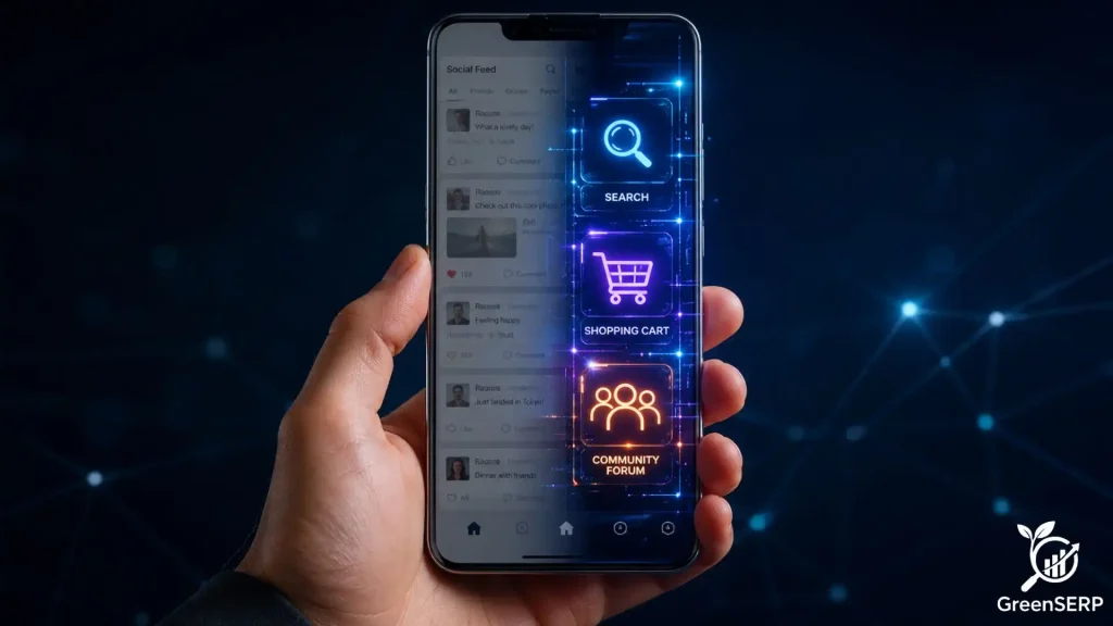 A smartphone screen illustrating the evolution of TikTok from a passive social feed to an active utility with search and commerce icons.
