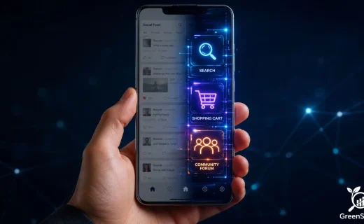 A smartphone screen illustrating the evolution of TikTok from a passive social feed to an active utility with search and commerce icons.