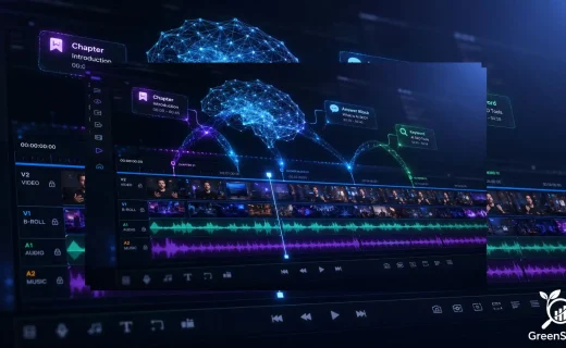 A holographic neural network scanning a video editing timeline to identify chapters and keywords for AI indexing.